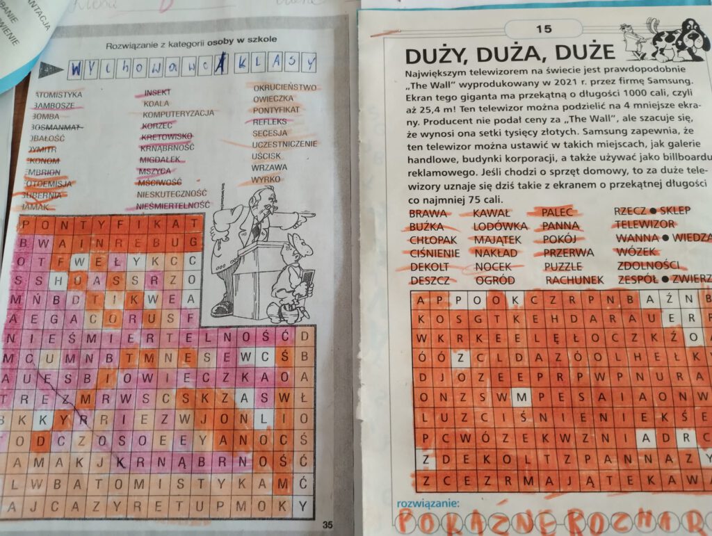 Ilustracja przedstawia wykonaną wykreślankę z kolorowo zaznaczonymi, odgadniętymi wyrazami.