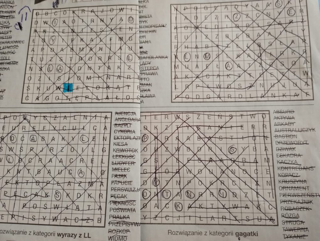 Ilustracja przedstawia wykonaną wykreślankę z kolorowo zaznaczonymi odgadniętymi wyrazami