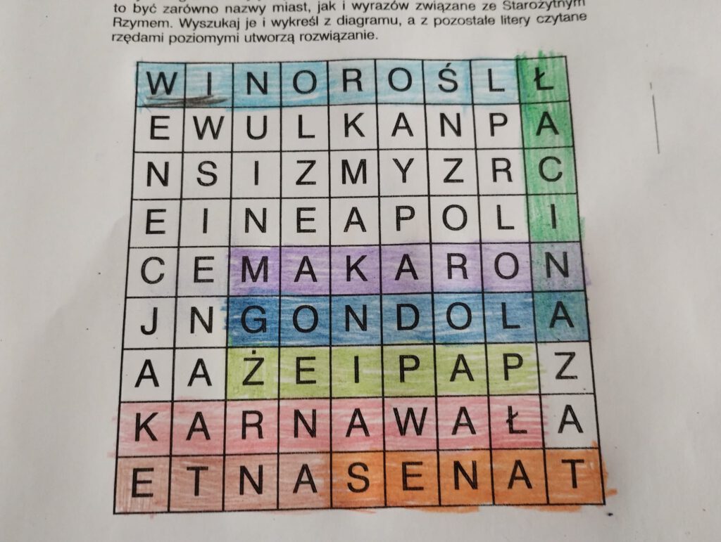 Ilustracja przedstawia wykonaną wykreślankę z kolorowo zaznaczonymi odgadniętymi wyrazami