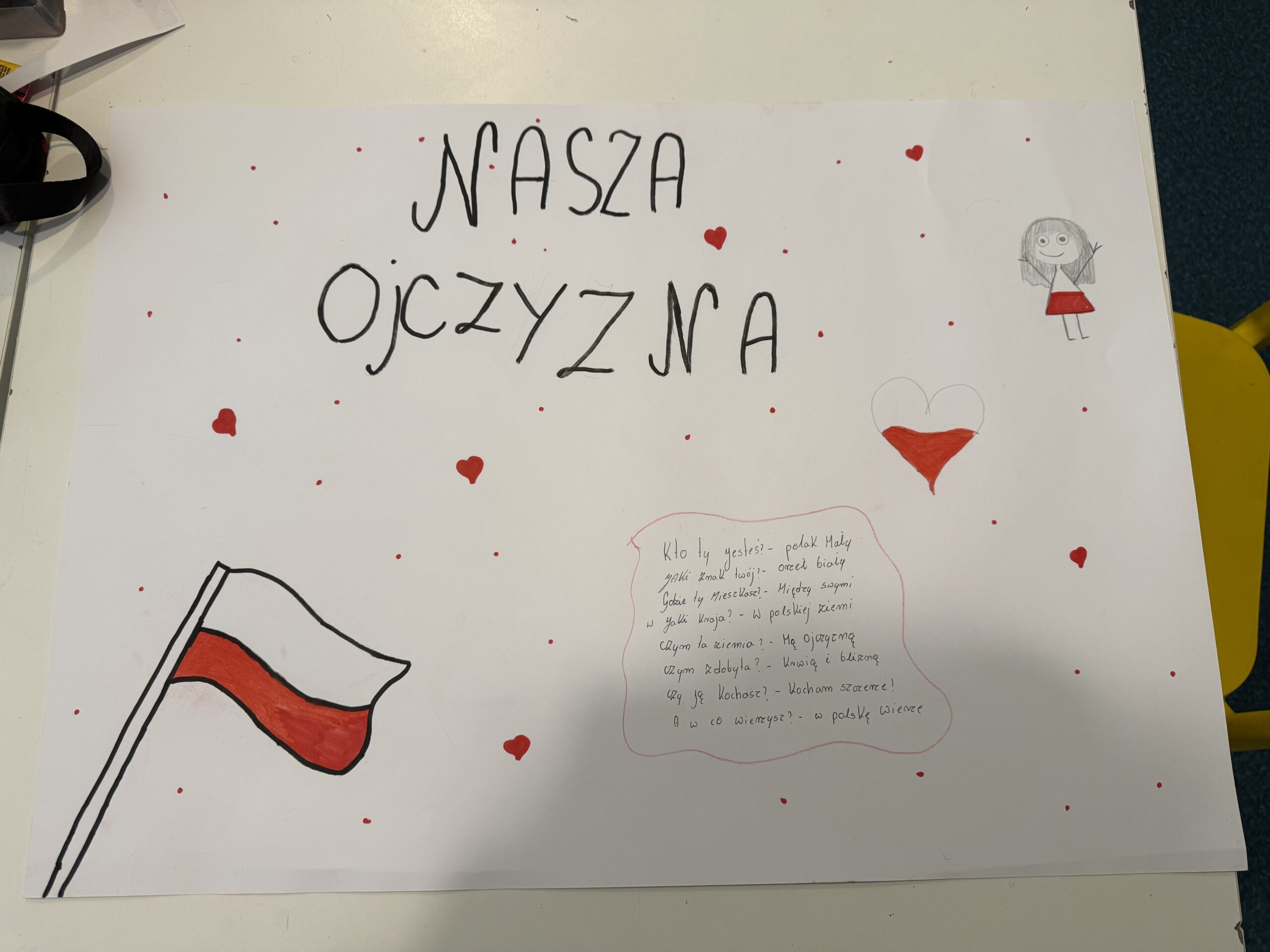 Na obrazku jest napis Nasza Ojczyzna, w dolnym lewym rogu flaga Polski i wiersz "Kto Ty jesteś".